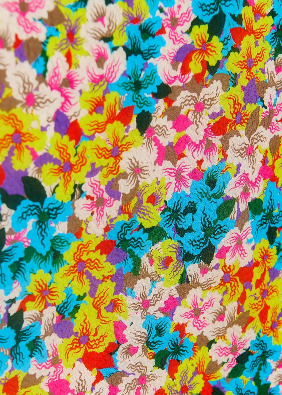 Yellow, blue and multicolor square silk-blend scarf with multicolor floral print