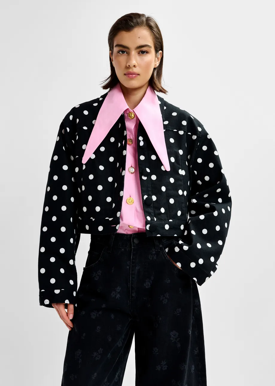 Black and white polka-dot cropped cotton jacket
