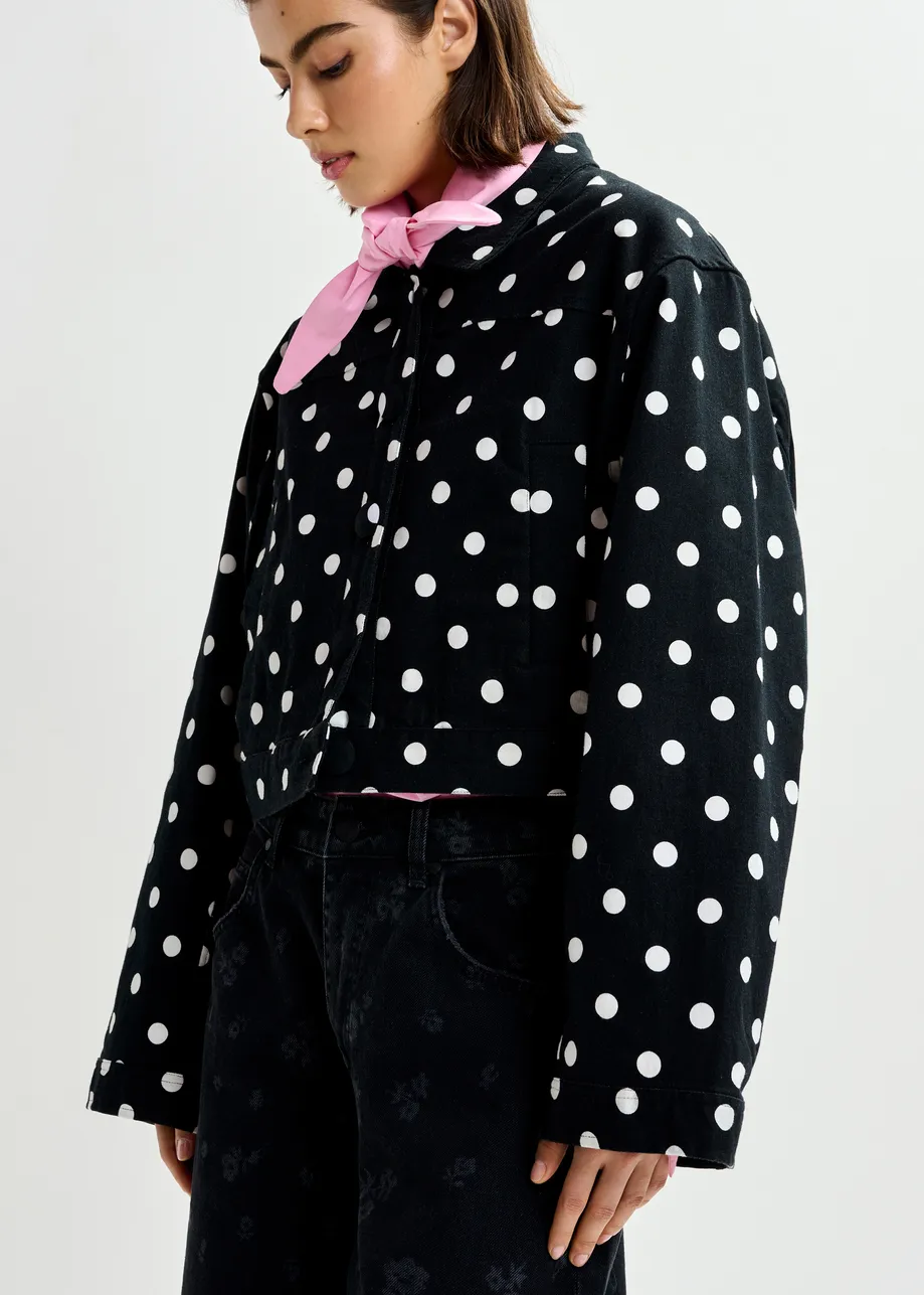 Black and white polka-dot cropped cotton jacket