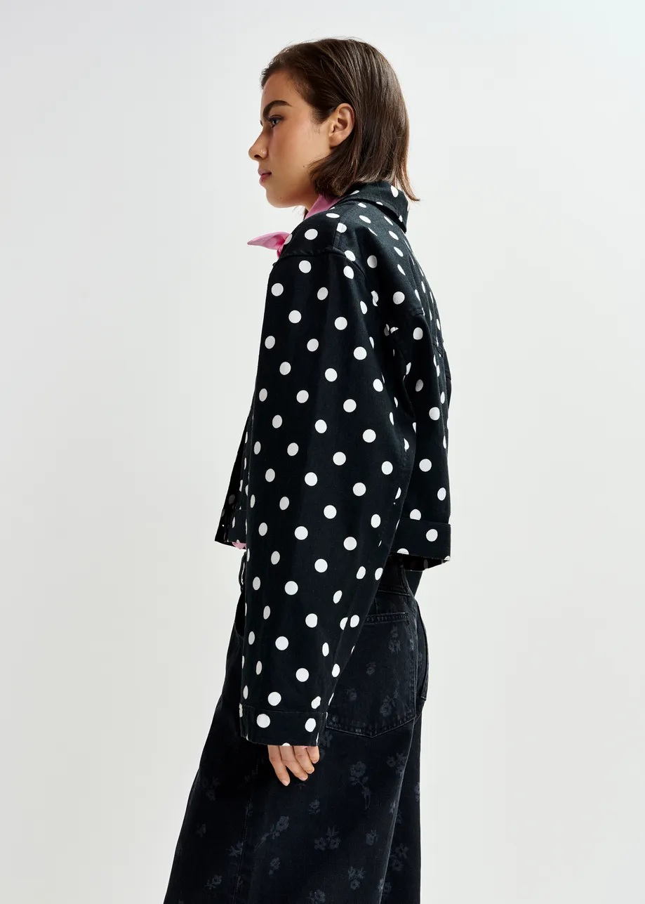 Black and white polka-dot cropped cotton jacket