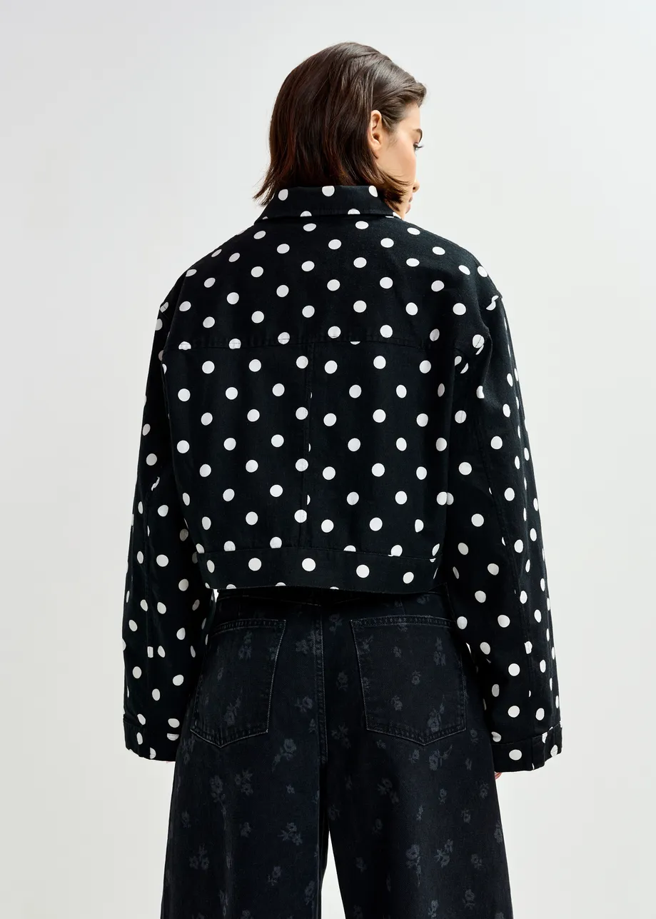 Black and white polka-dot cropped cotton jacket