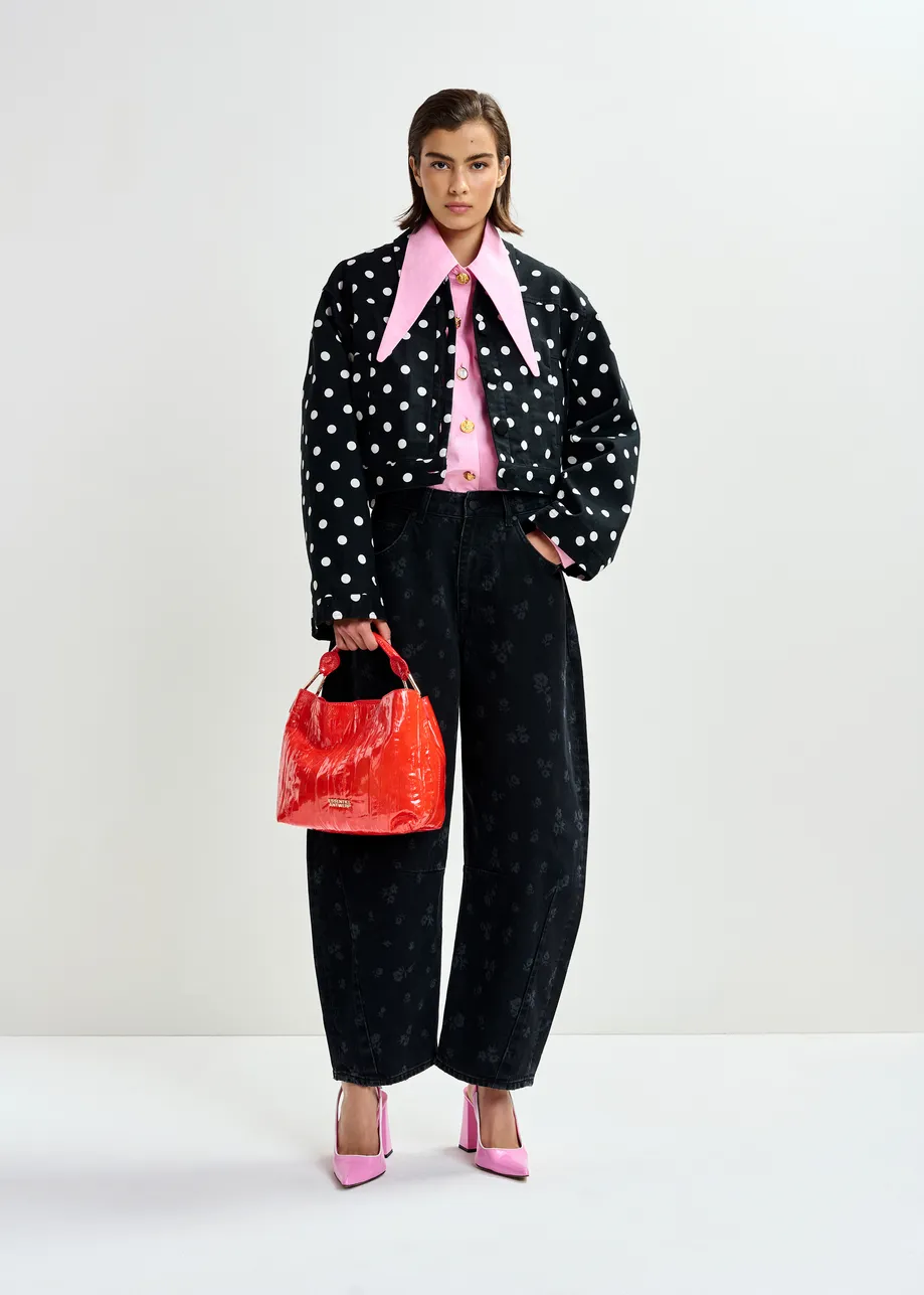 Black and white polka-dot cropped cotton jacket