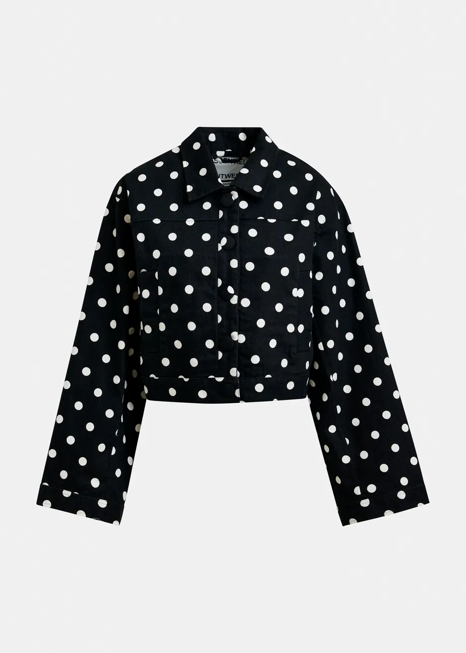 Black and white polka-dot cropped cotton jacket