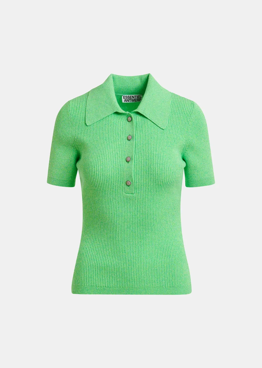 Green cotton-blend ribbed polo with rhinestone-encrusted buttons