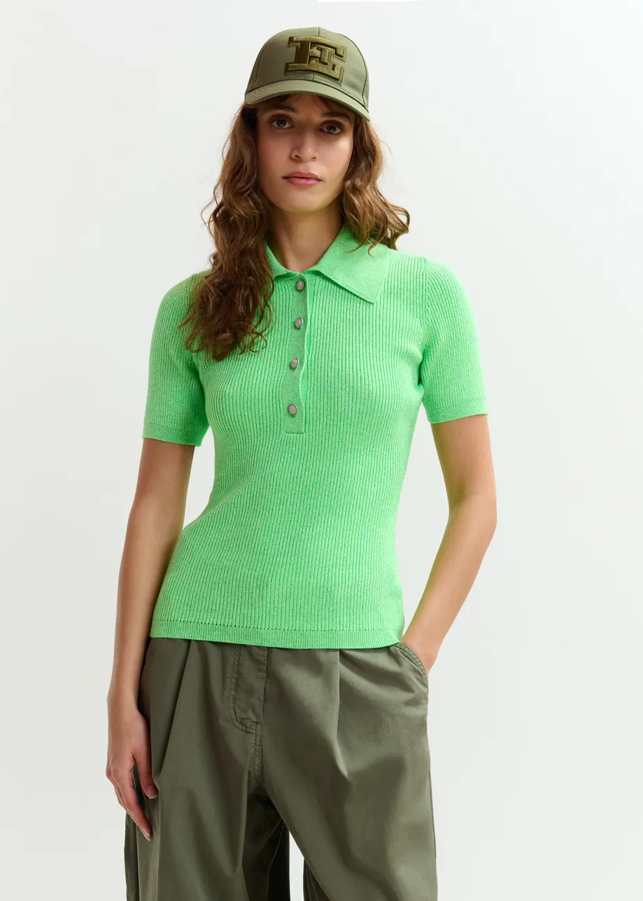 Green cotton-blend ribbed polo with rhinestone-encrusted buttons