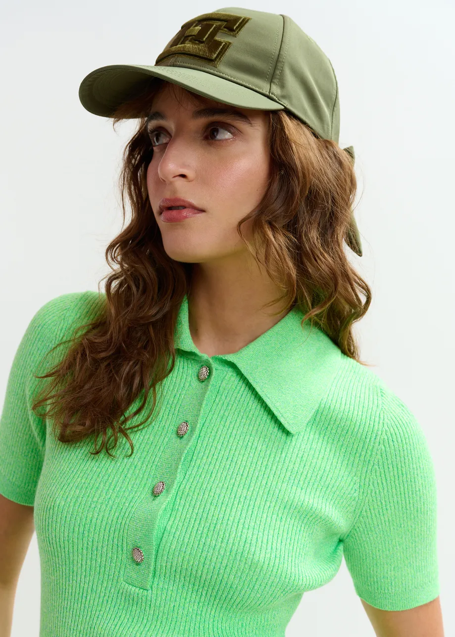 Green cotton-blend ribbed polo with rhinestone-encrusted buttons