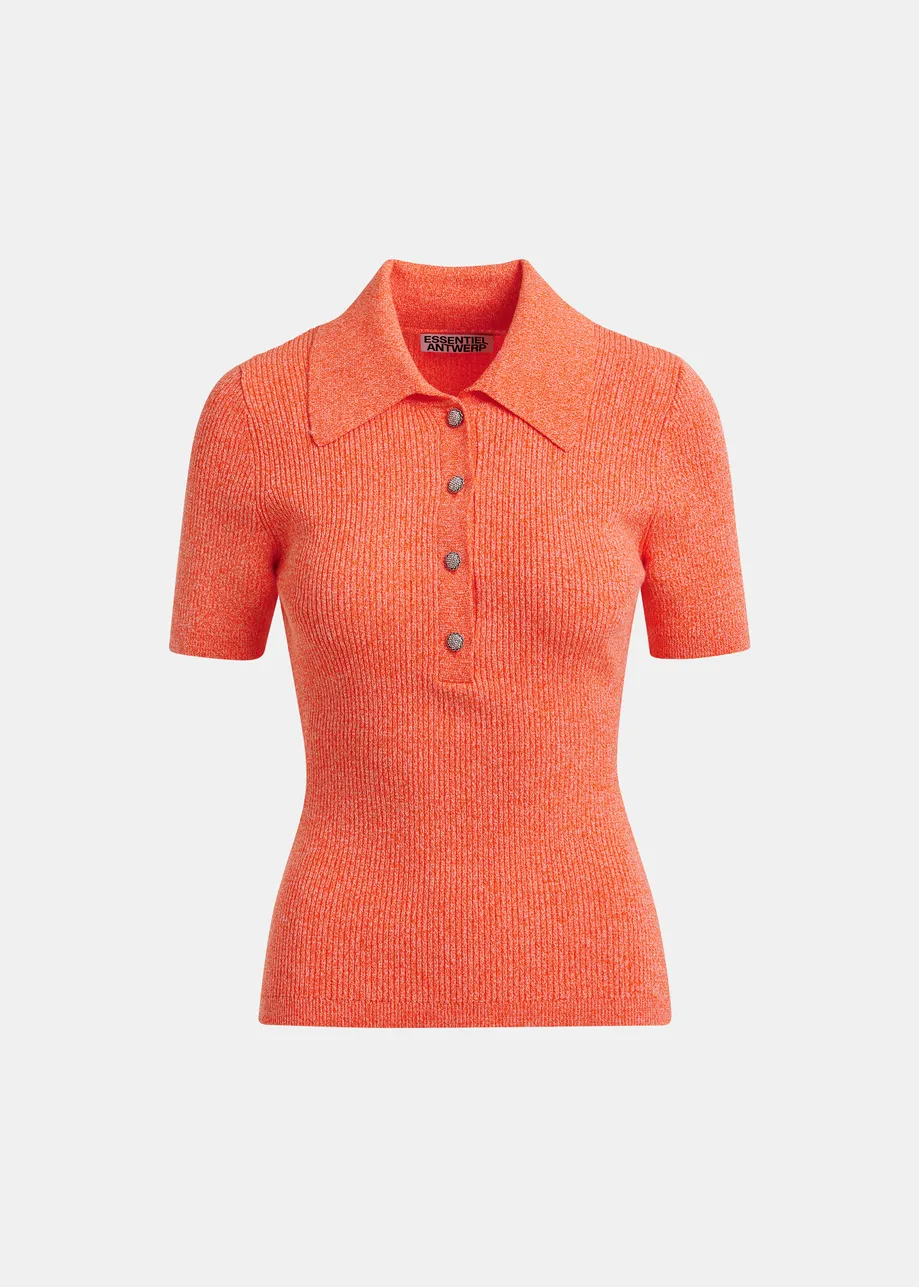 Orange cotton-blend ribbed polo with rhinestone-encrusted buttons