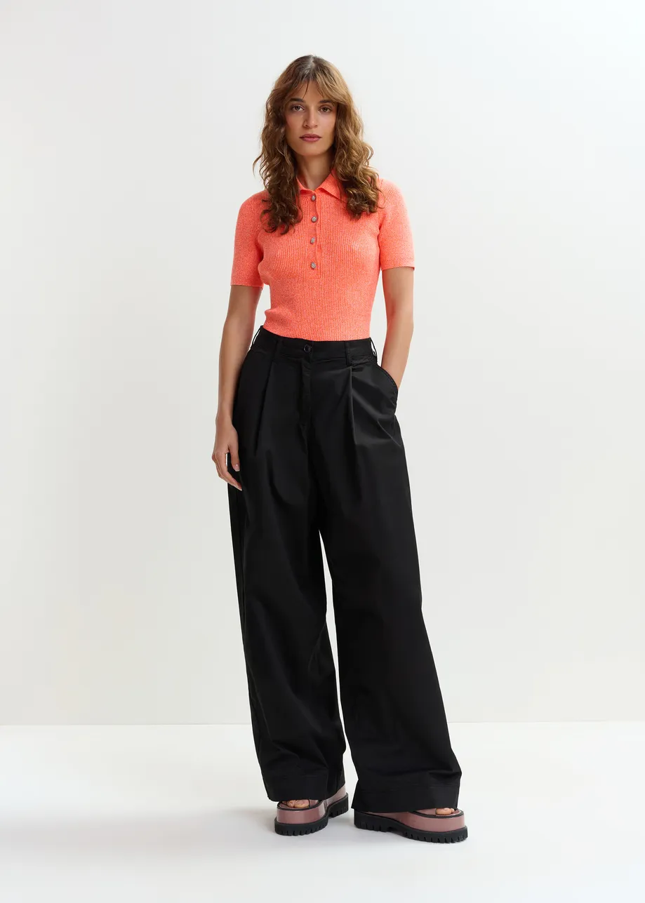 Orange cotton-blend ribbed polo with rhinestone-encrusted buttons