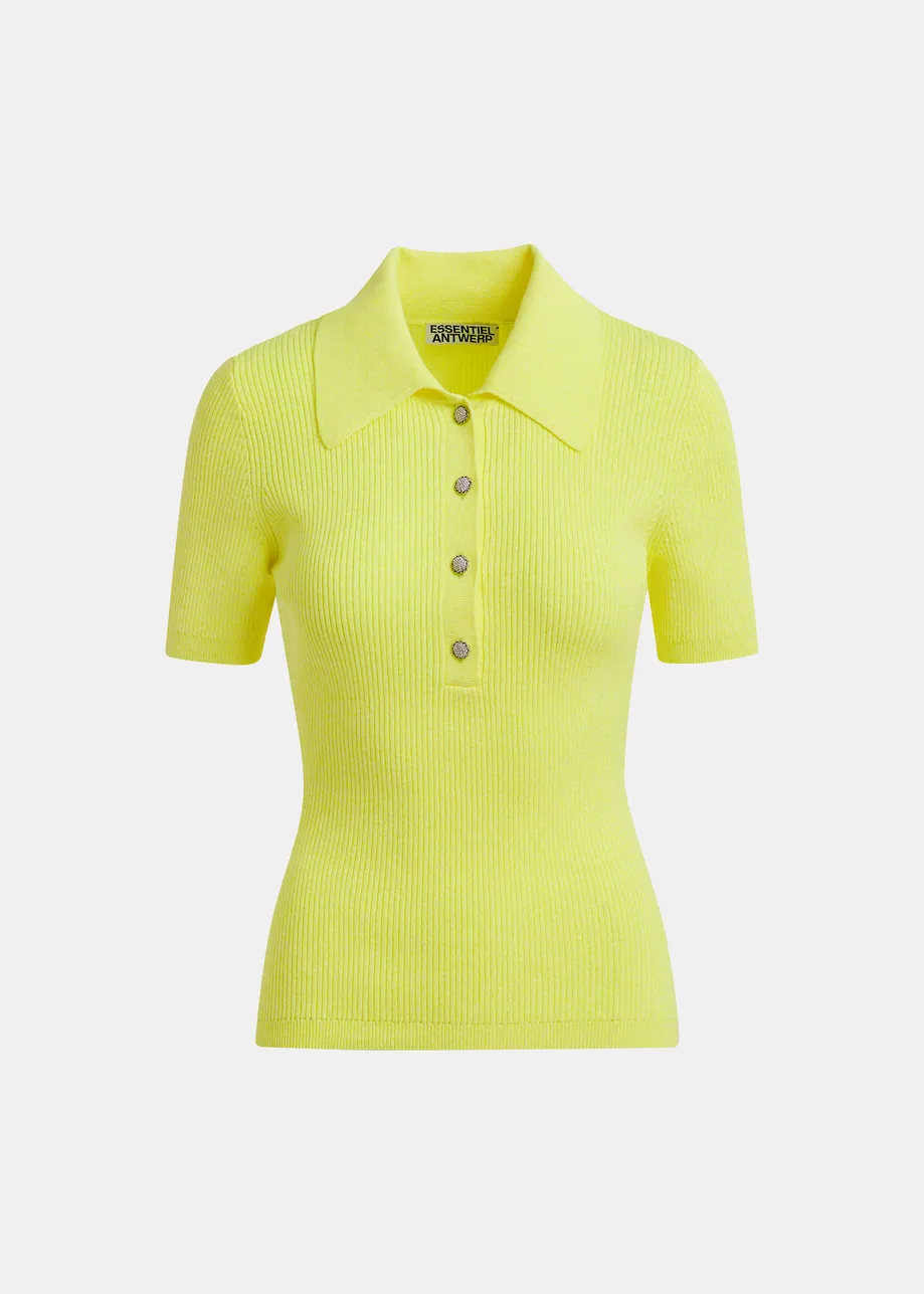 Yellow cotton-blend ribbed polo with rhinestone-encrusted buttons