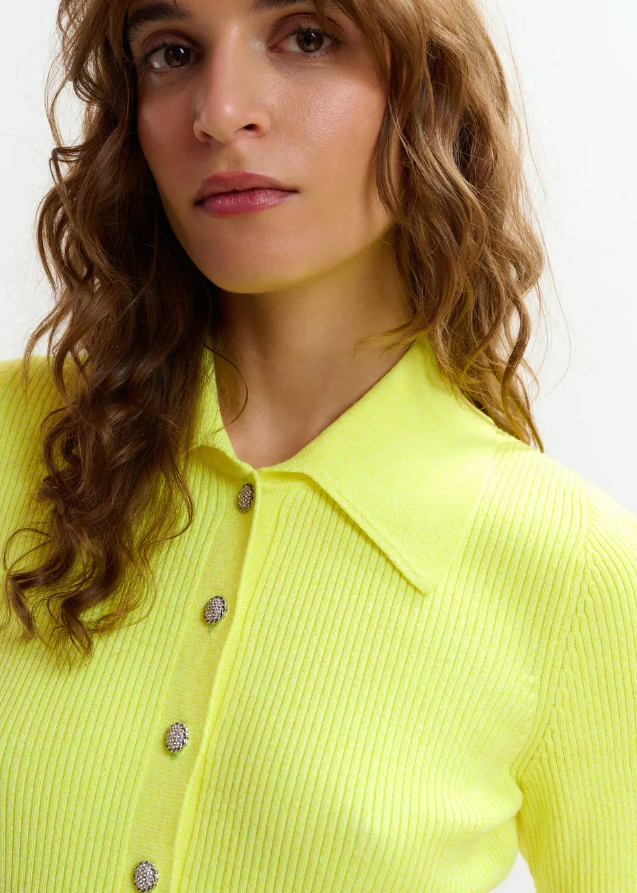 Yellow cotton-blend ribbed polo with rhinestone-encrusted buttons
