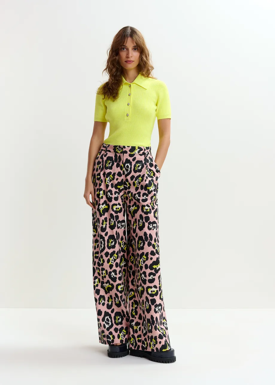 Yellow cotton-blend ribbed polo with rhinestone-encrusted buttons