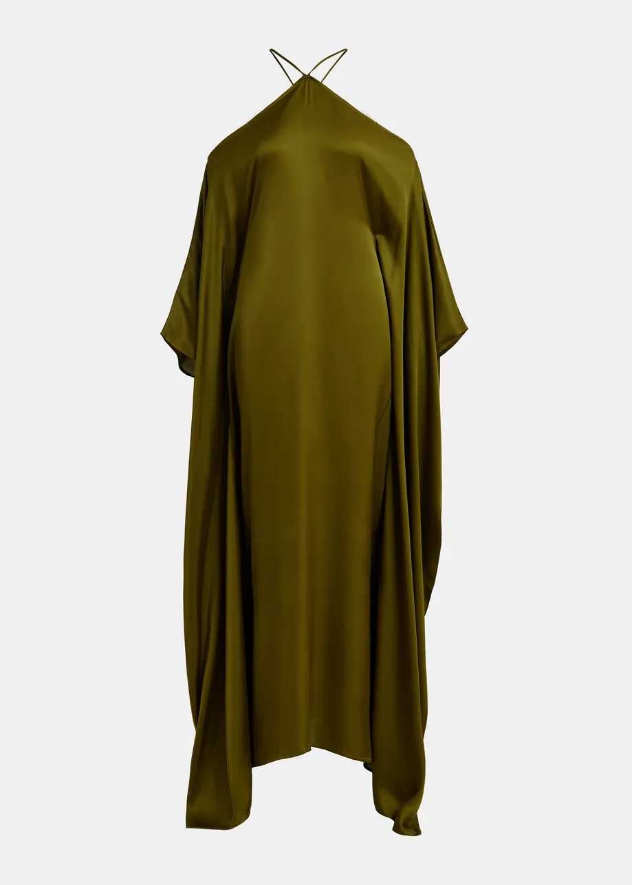 Abito lungo verde oliva con scollo all'americana e fianchi a cascata