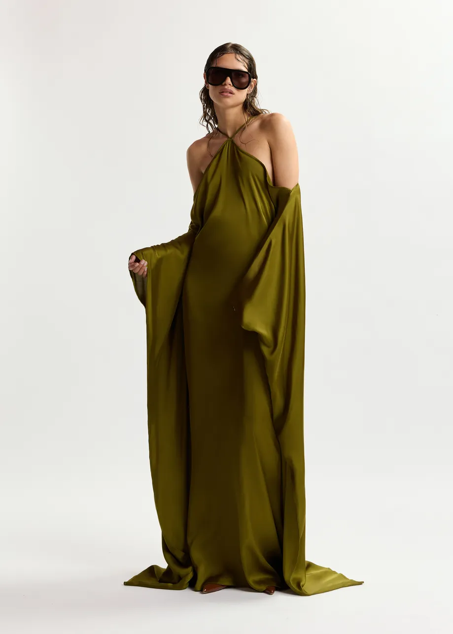 Abito lungo verde oliva con scollo all'americana e fianchi a cascata