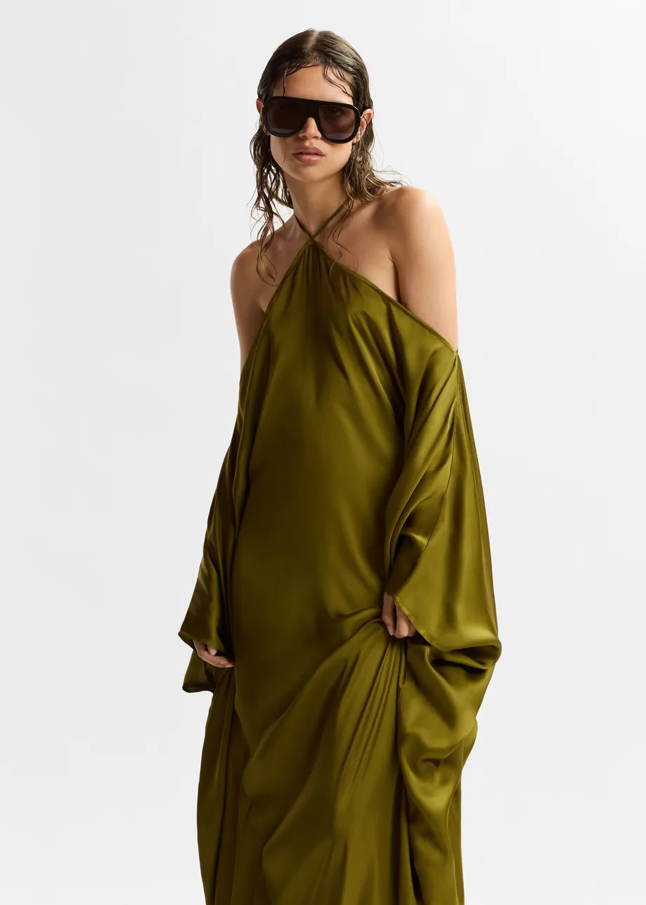 Olive green halterneck maxi dress with waterfall sides