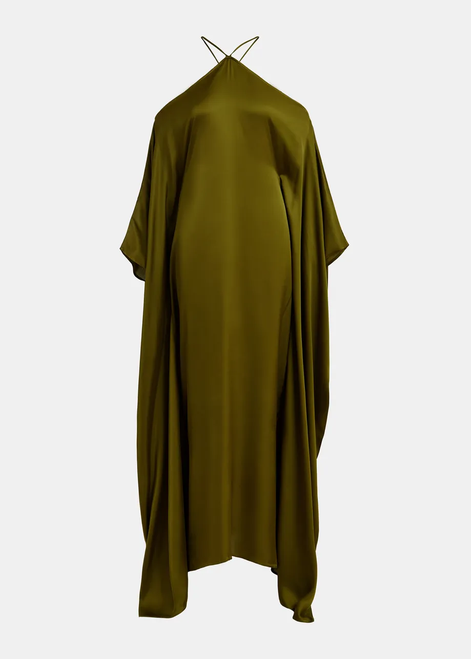 Olive green halterneck maxi dress with waterfall sides