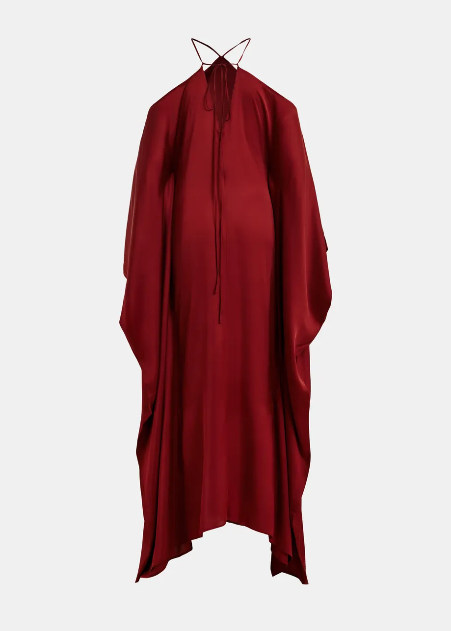 Abito lungo bordeaux con scollo all'americana e fianchi a cascata