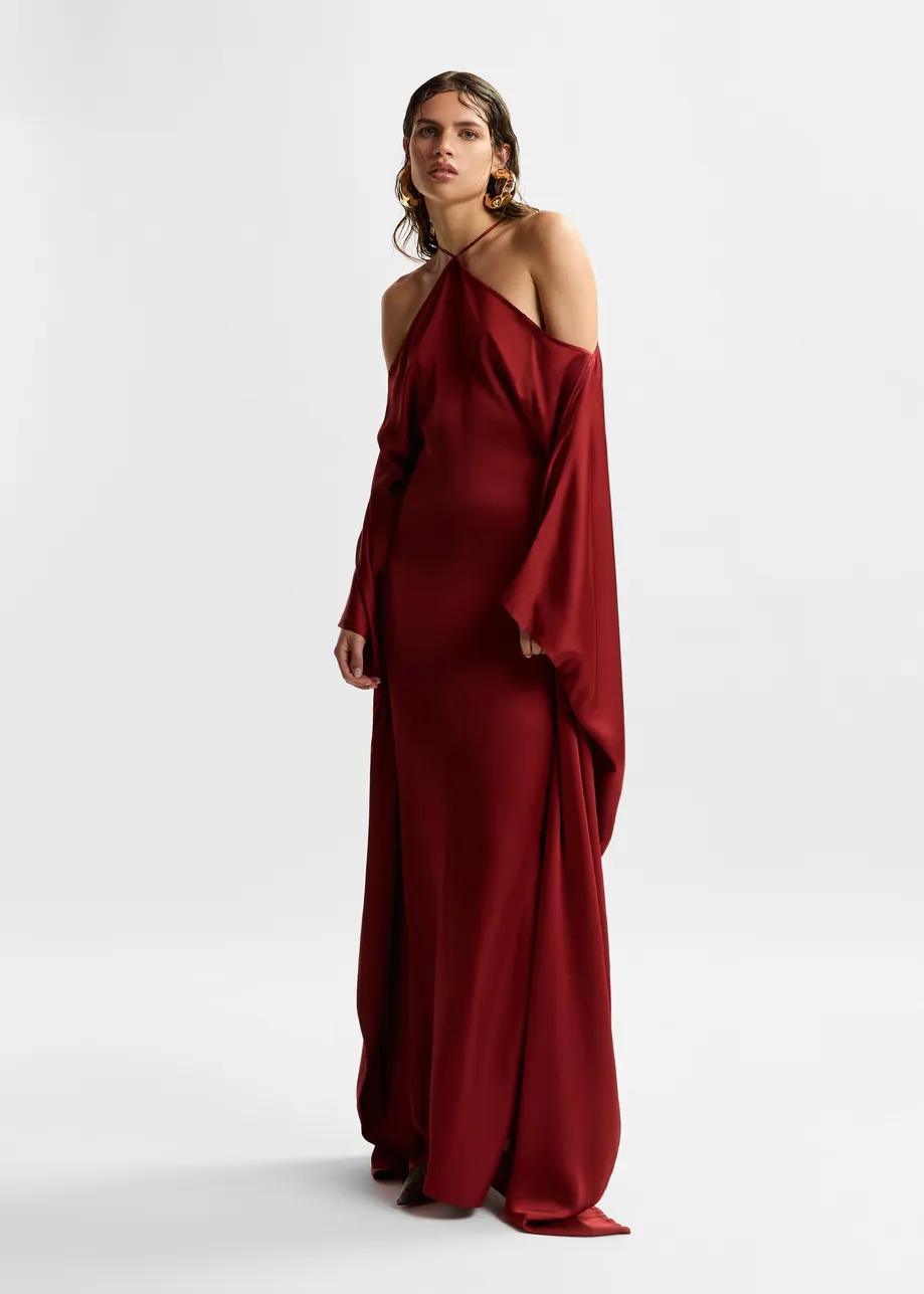 Burgundy halterneck maxi dress with waterfall sides