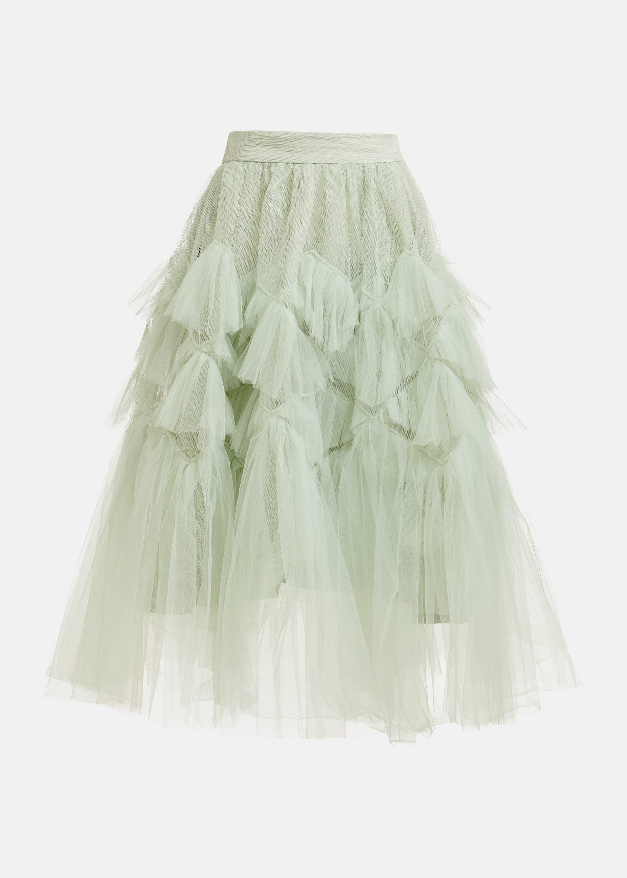 Light green asymmetrical tiered tulle midi skirt | Essentiel