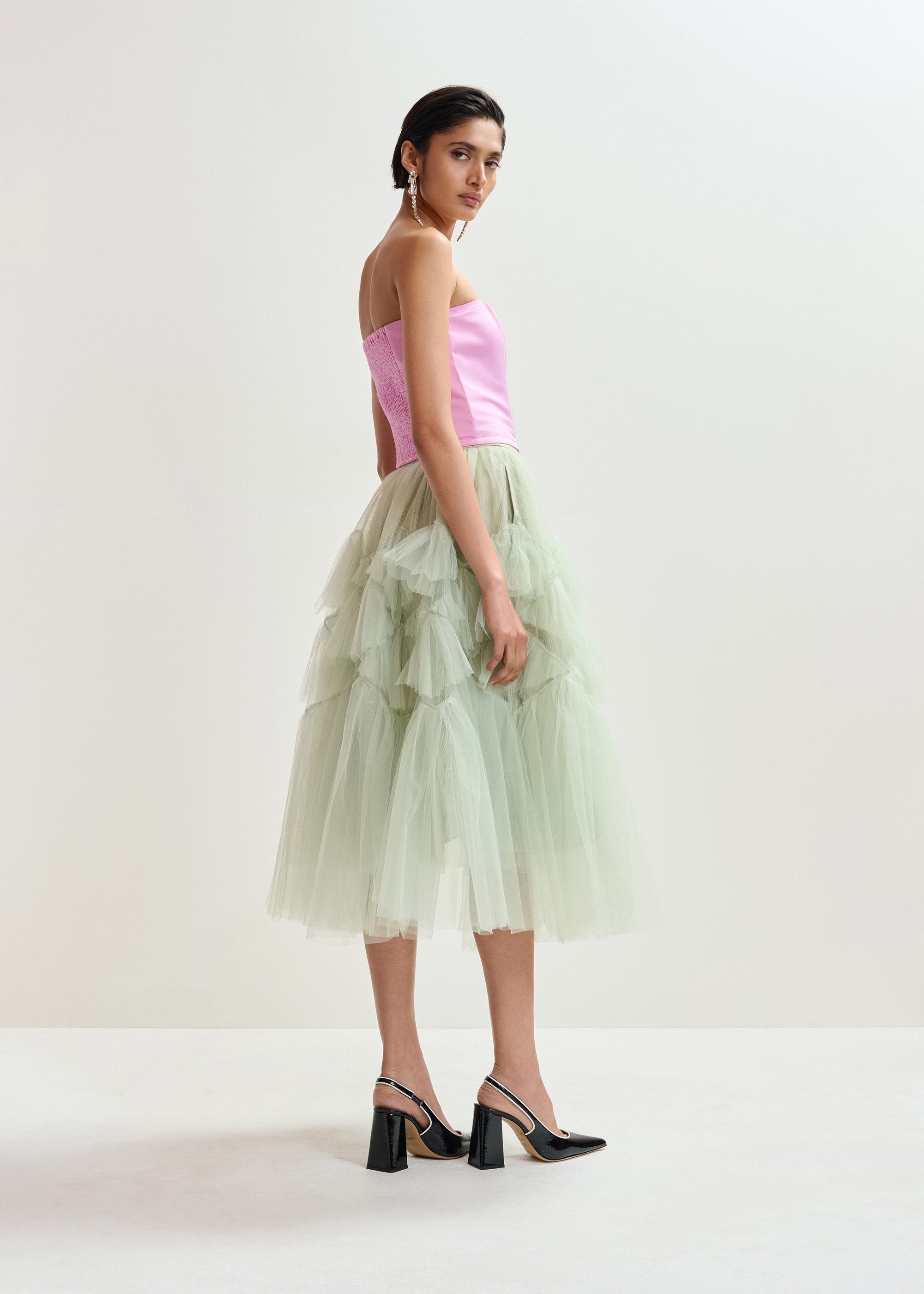 Light green asymmetrical tiered tulle midi skirt | Essentiel