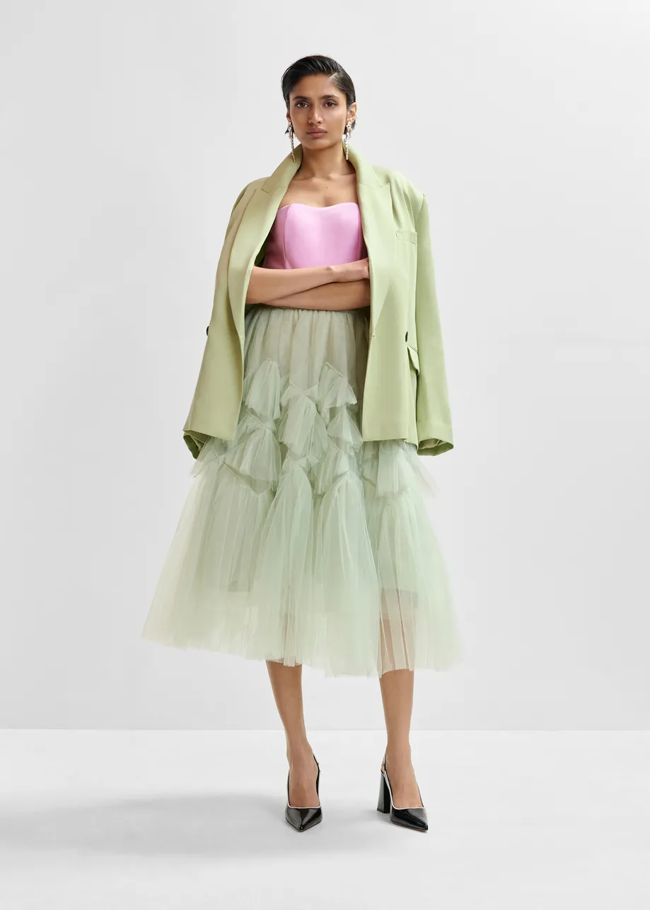 Light green asymmetrical tiered tulle midi skirt