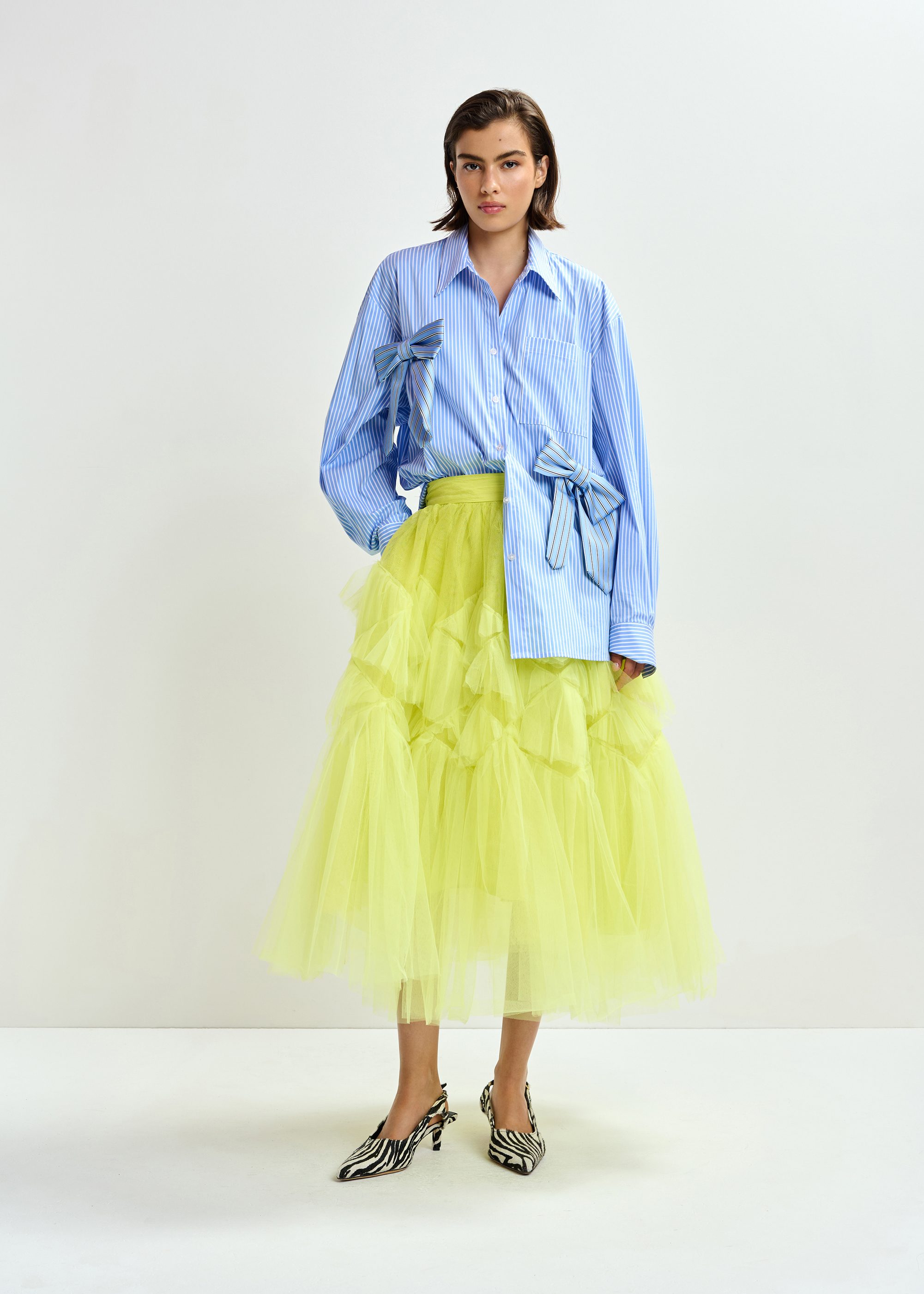 Yellow asymmetrical tiered tulle midi skirt | Essentiel Antwerp