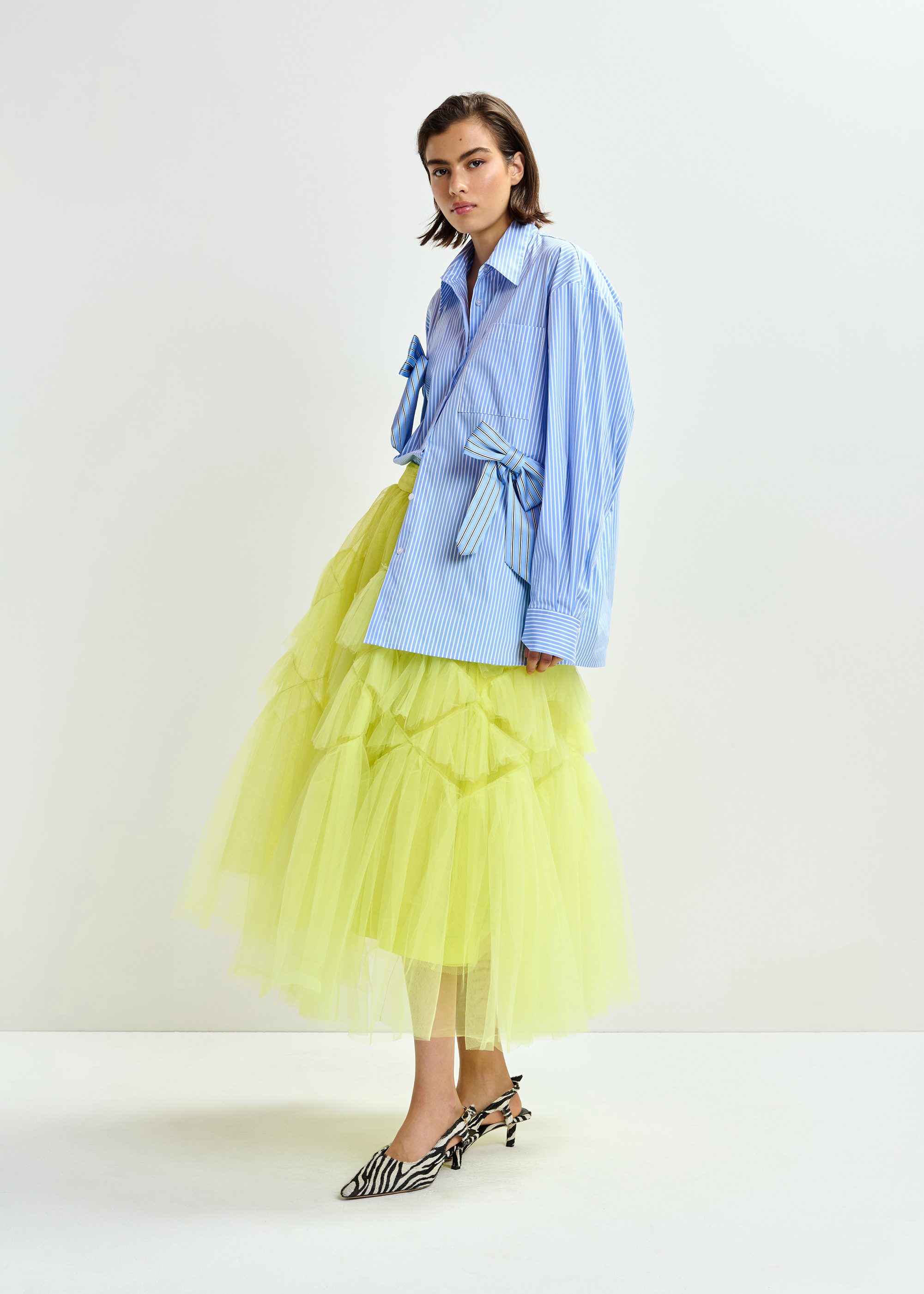 Yellow asymmetrical tiered tulle midi skirt | Essentiel Antwerp