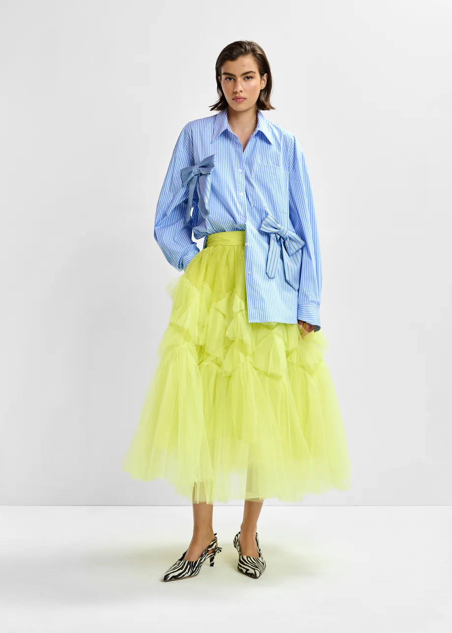 Yellow asymmetrical tiered tulle midi skirt