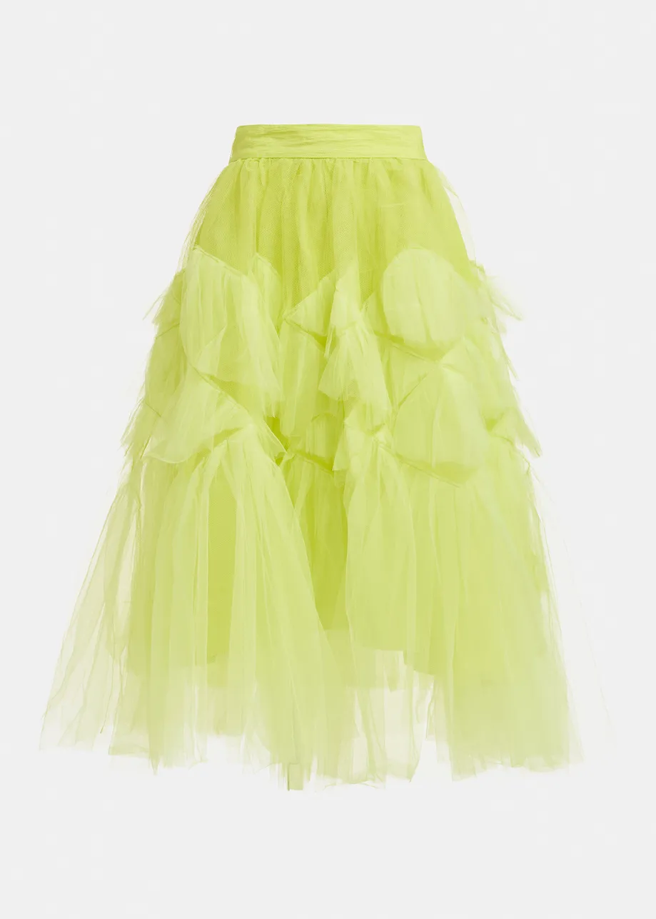 Gele asymmetrische midirok van gelaagde tule