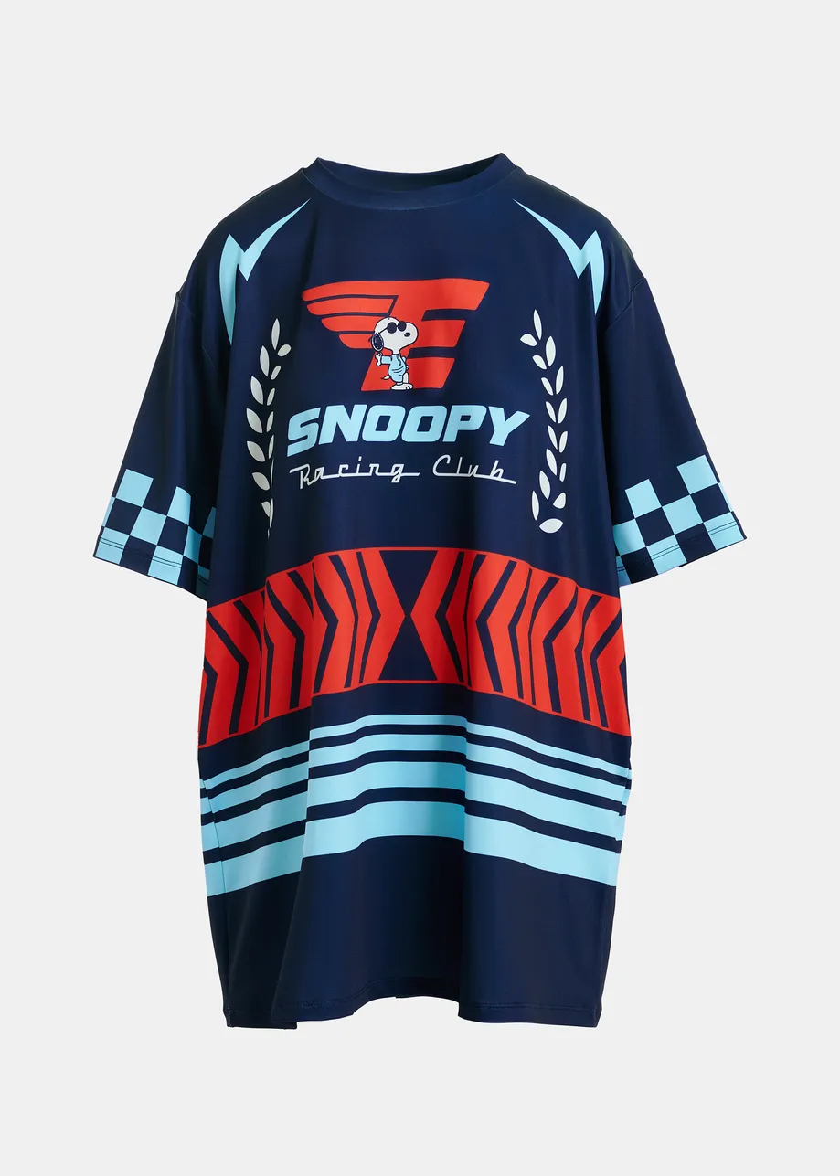 Navy graphic jersey mini dress with red and light blue Peanuts™ print