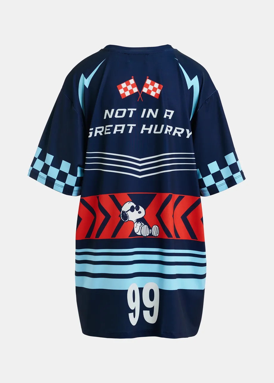 Navy graphic jersey mini dress with red and light blue Peanuts™ print