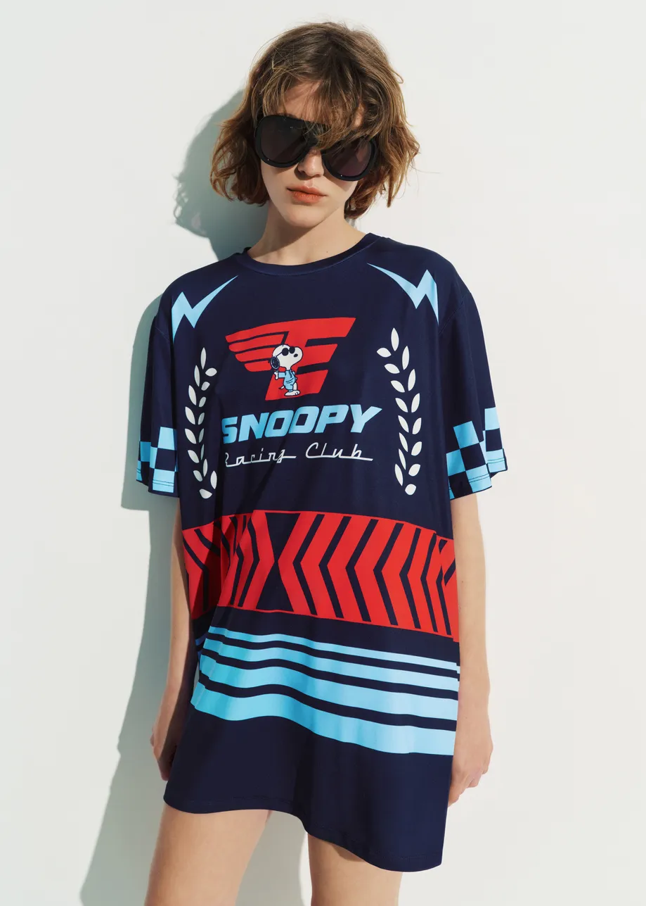 Navy graphic jersey mini dress with red and light blue Peanuts™ print