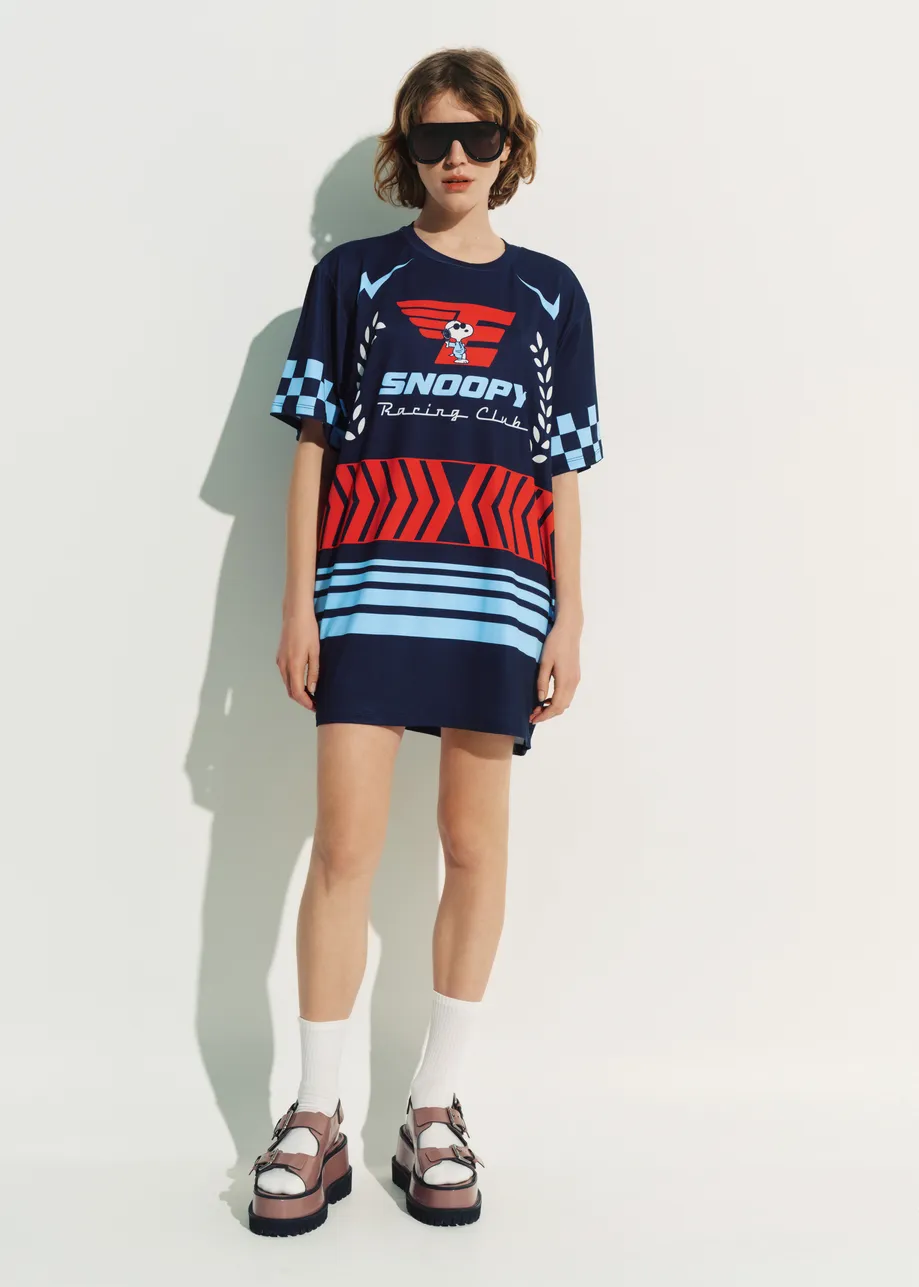 Navy graphic jersey mini dress with red and light blue Peanuts™ print
