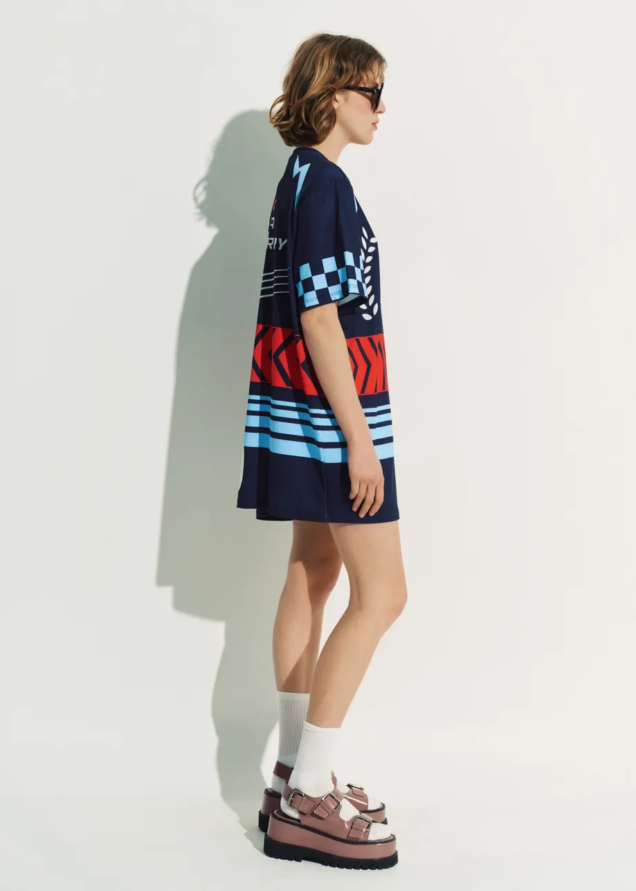 Navy graphic jersey mini dress with red and light blue Peanuts™ print