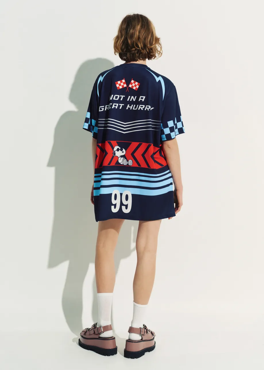 Navy graphic jersey mini dress with red and light blue Peanuts™ print
