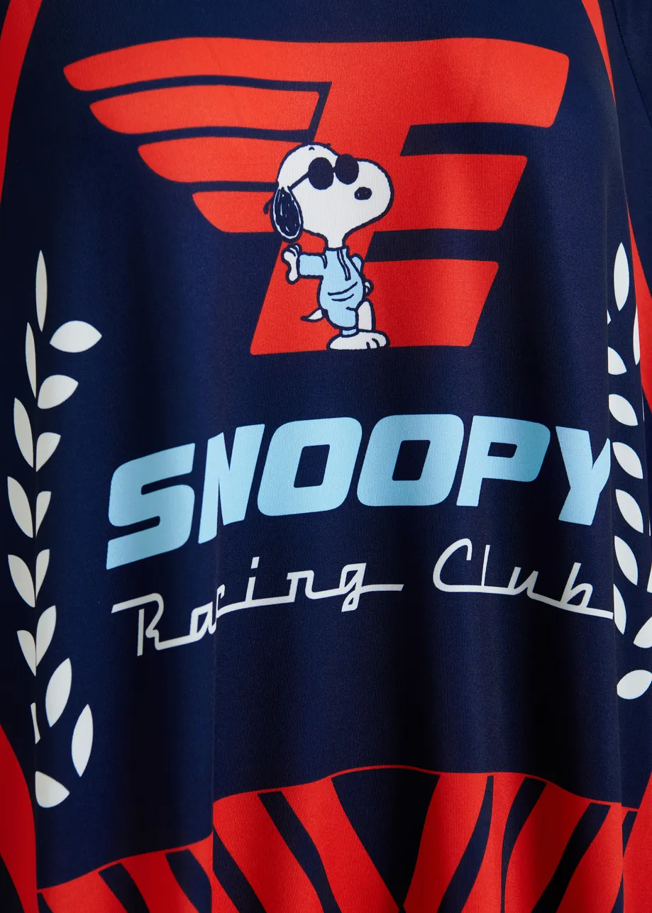 Navy graphic jersey mini dress with red and light blue Peanuts™ print