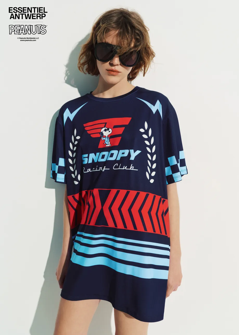 Navy graphic jersey mini dress with red and light blue Peanuts™ print