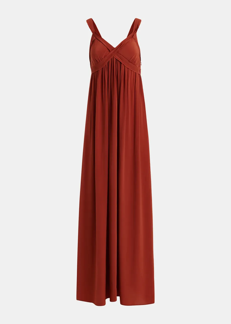 Burned orange babydoll maxi dress with empire waistline