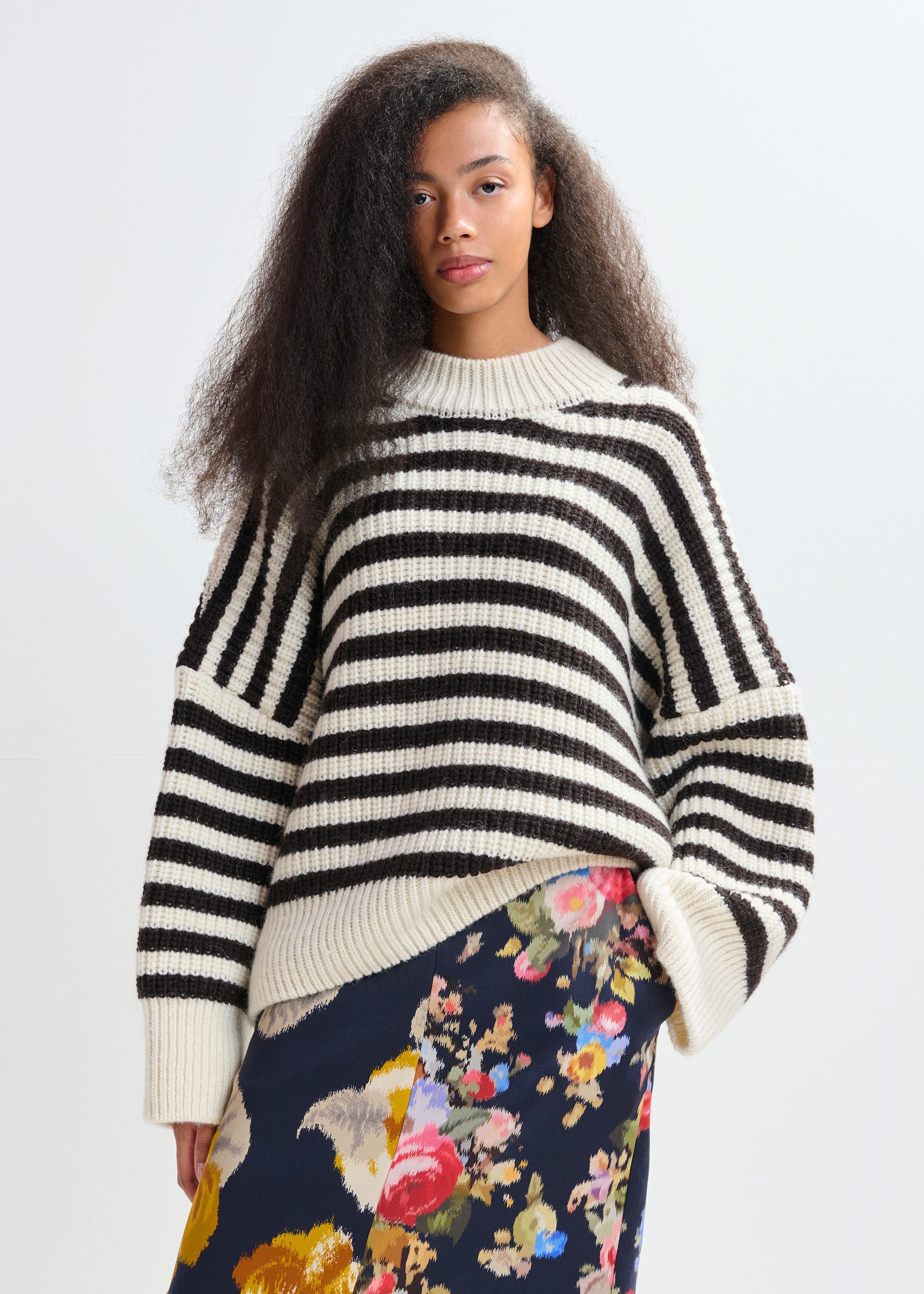 Black and white striped alpaca wool-blend ribbed-knit sweater
