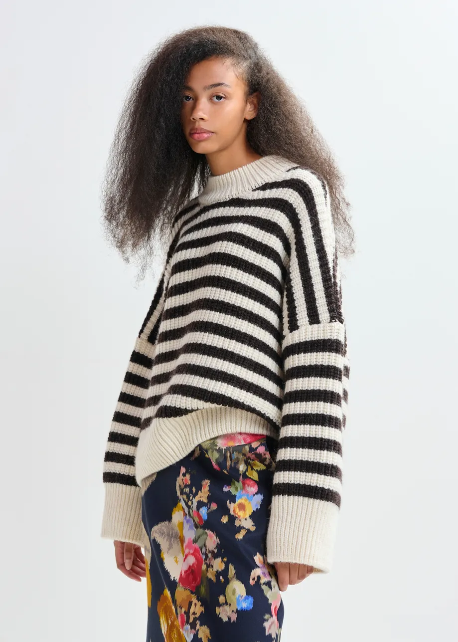 Black and white striped alpaca wool-blend ribbed-knit sweater