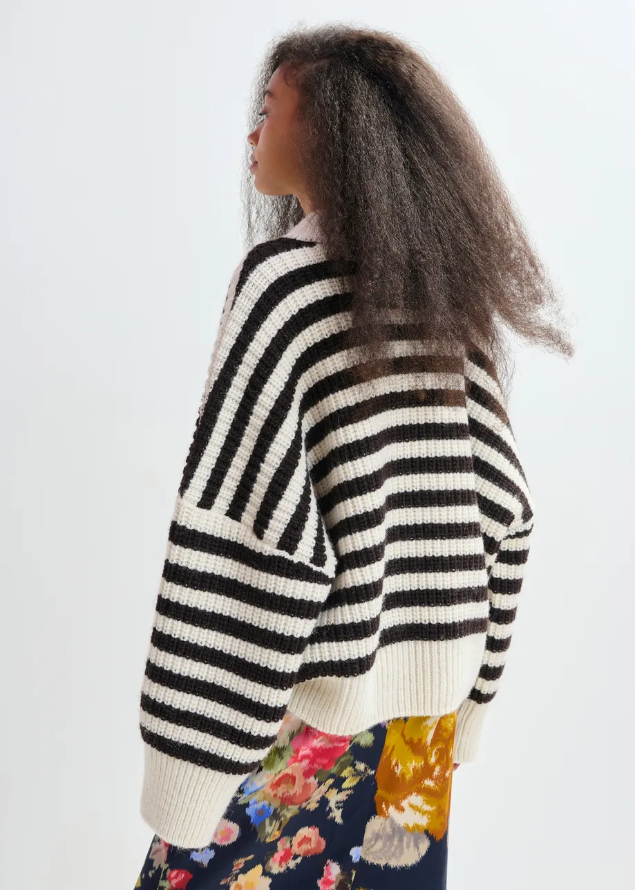 Black and white striped alpaca wool-blend ribbed-knit sweater