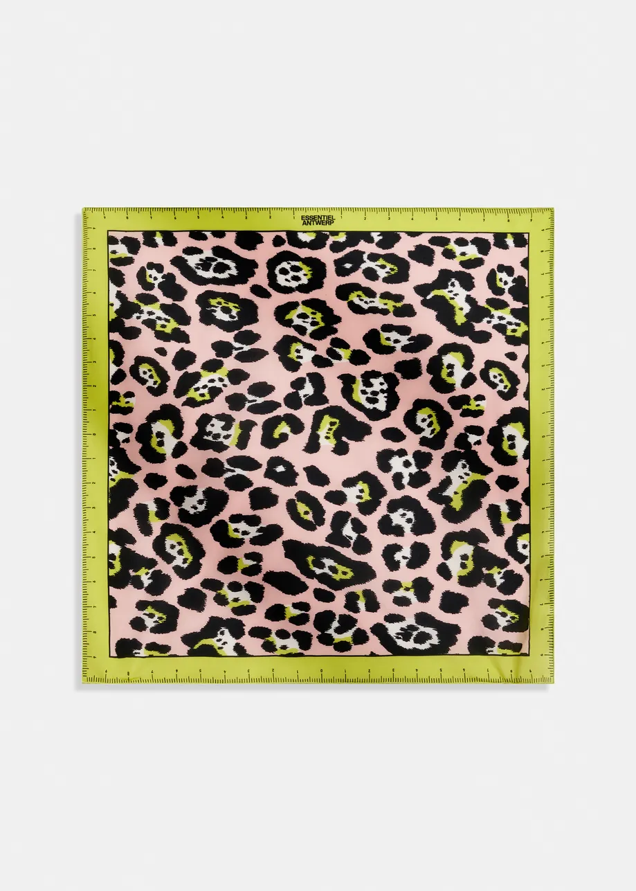 Light pink, yellow and black leopard print silk scarf with measuring-tape border