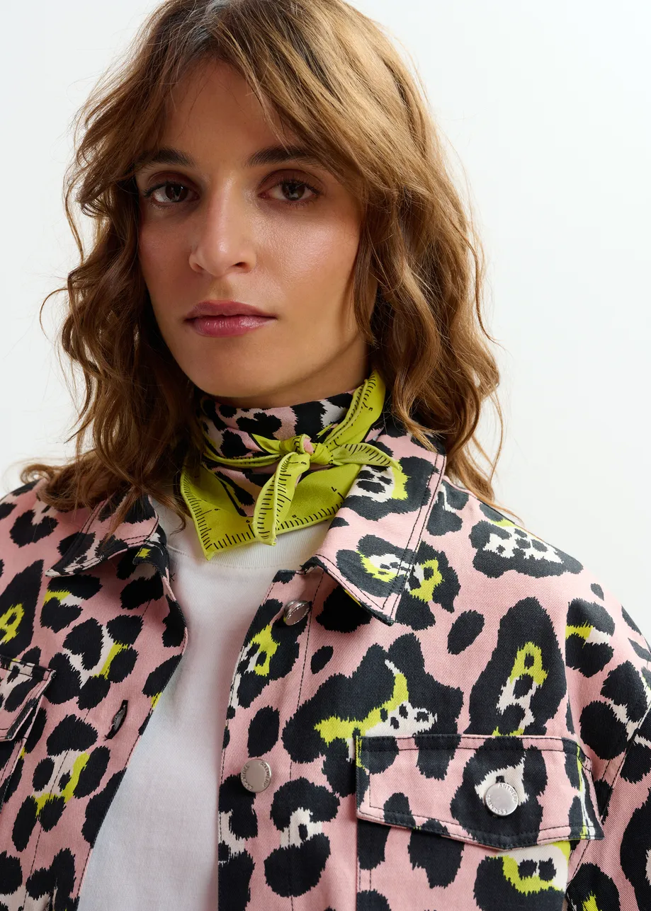 Light pink, yellow and black leopard print silk scarf with measuring-tape border