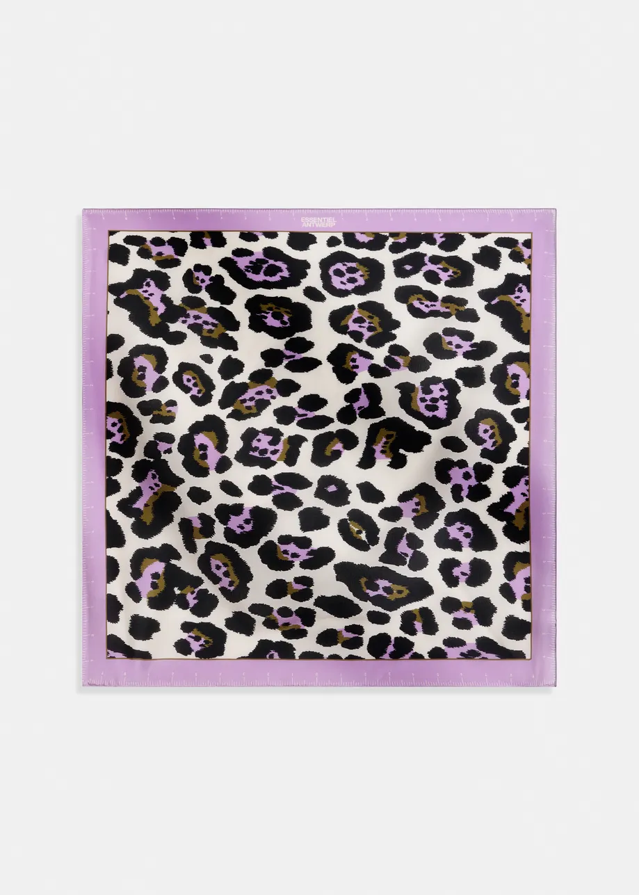 Off-white, purple and black leopard print silk scarf with measuring-tape border