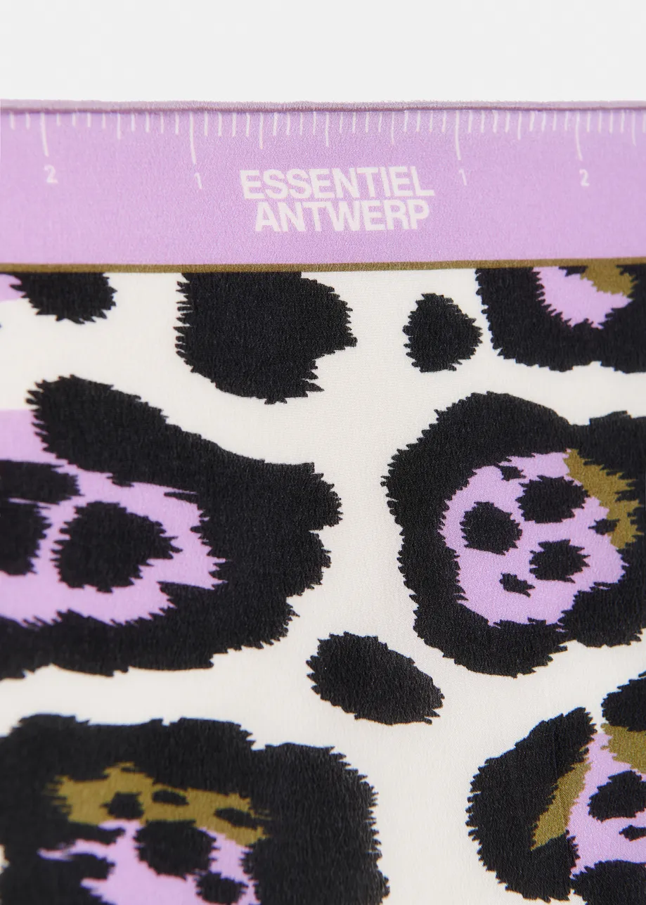 Off-white, purple and black leopard print silk scarf with measuring-tape border