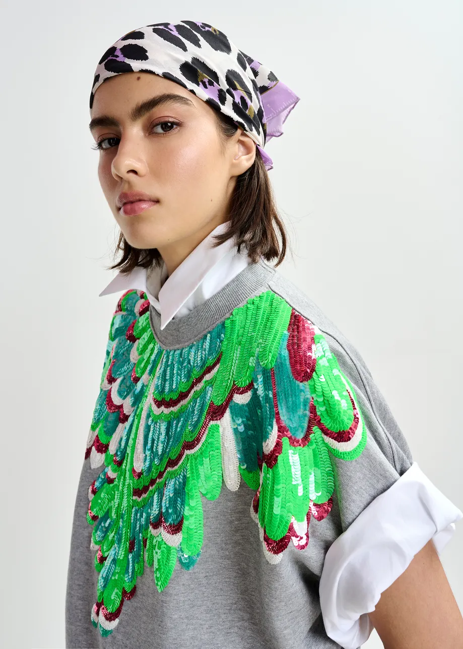 Off-white, purple and black leopard print silk scarf with measuring-tape border