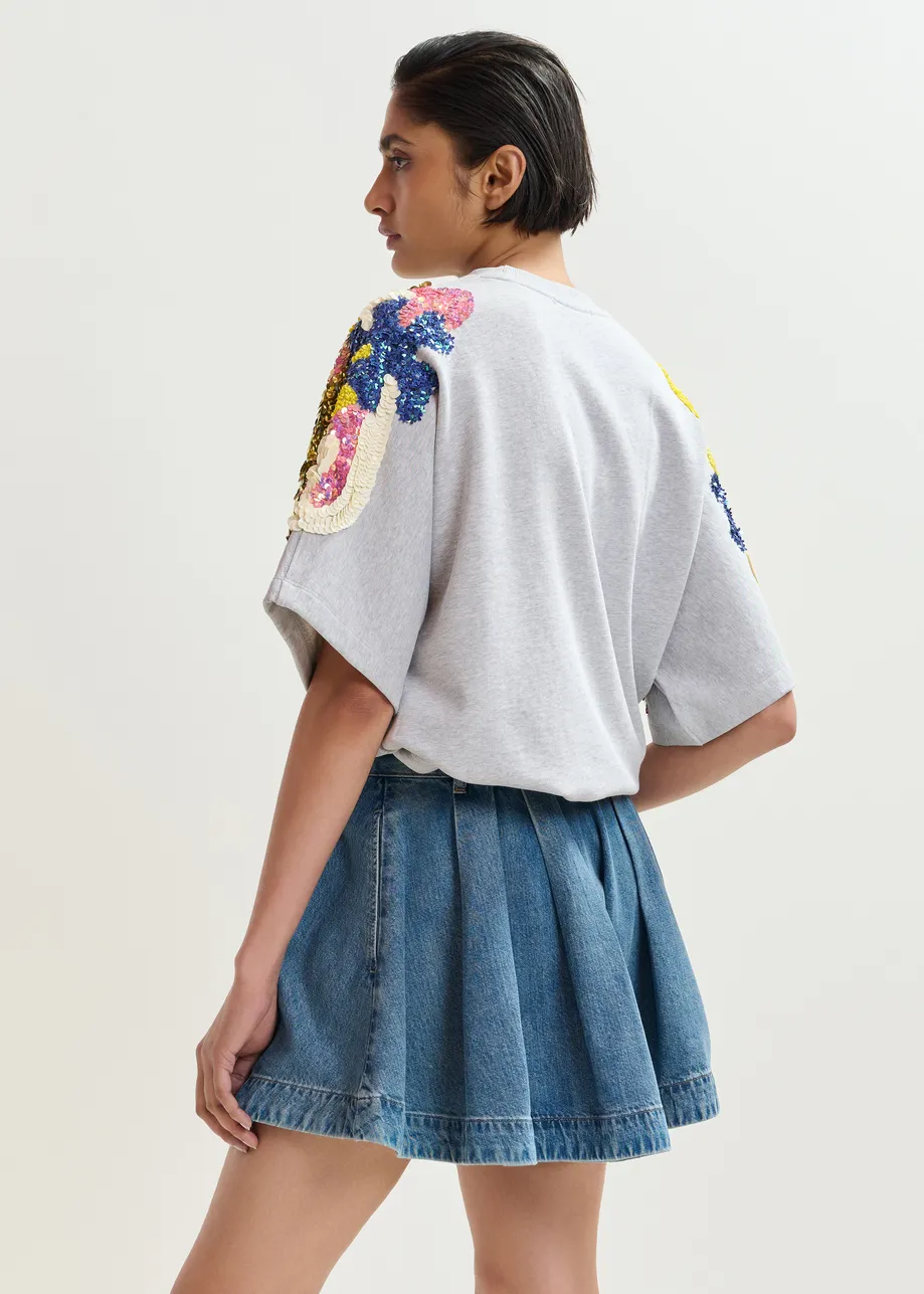 Felpa in cotone grigio con decorazioni multicolor di paillettes e perline