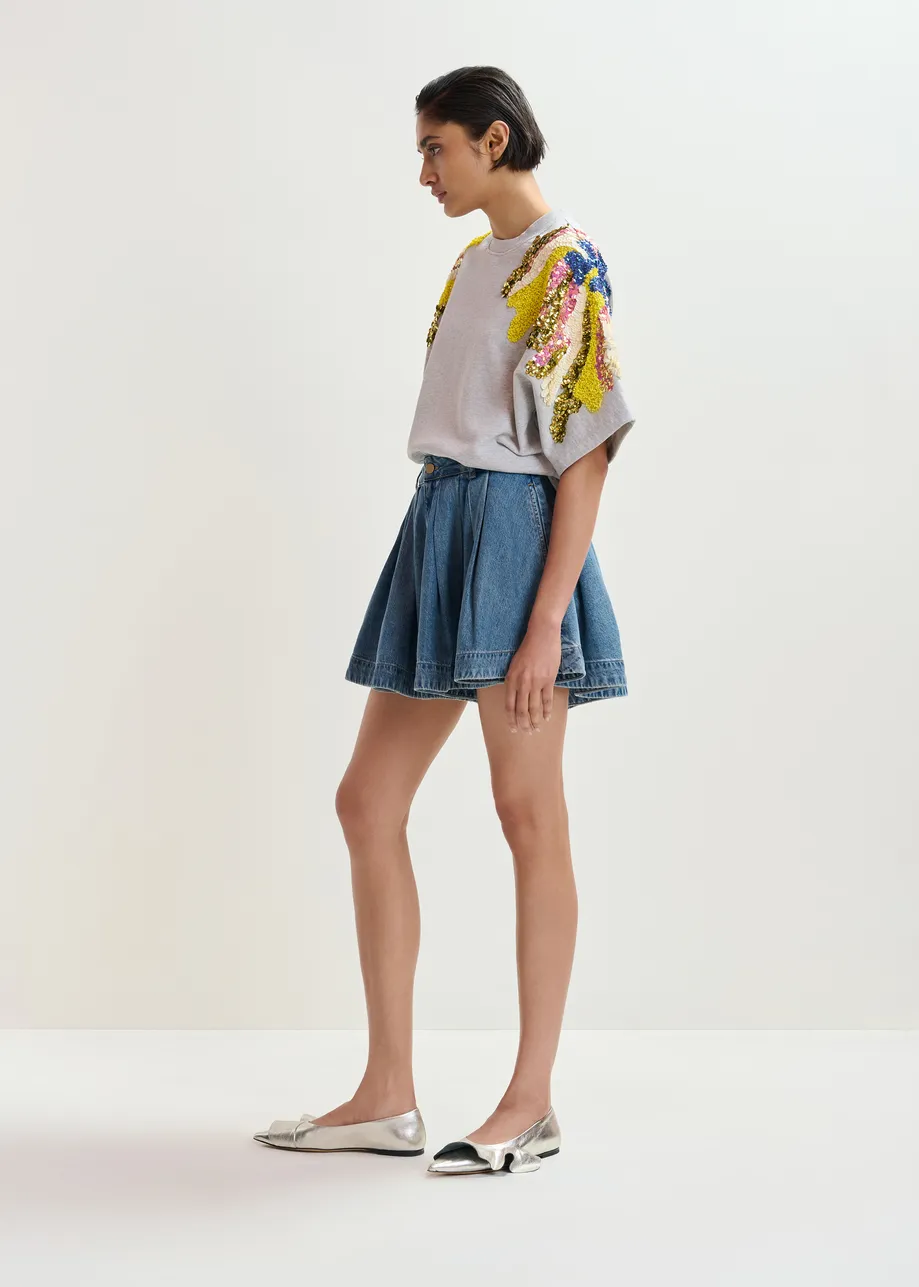 Felpa in cotone grigio con decorazioni multicolor di paillettes e perline