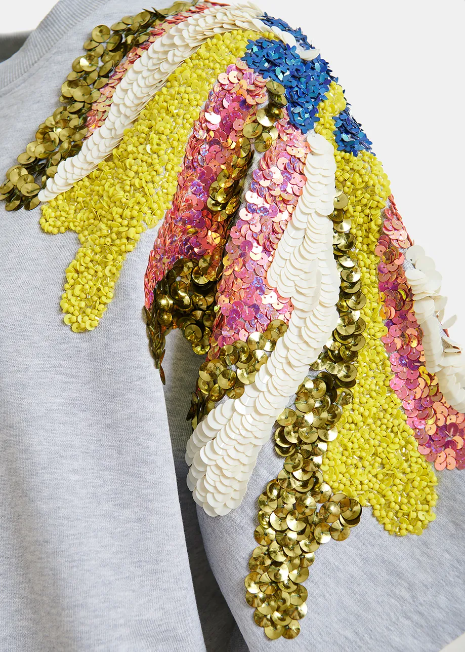 Felpa in cotone grigio con decorazioni multicolor di paillettes e perline
