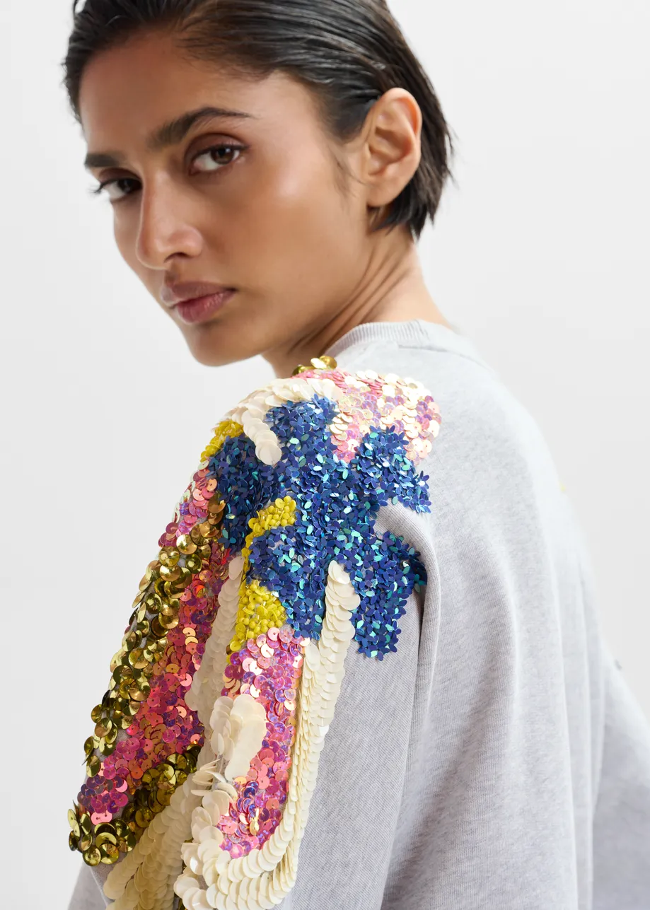 Sweatshirt en coton gris à paillettes multicolores