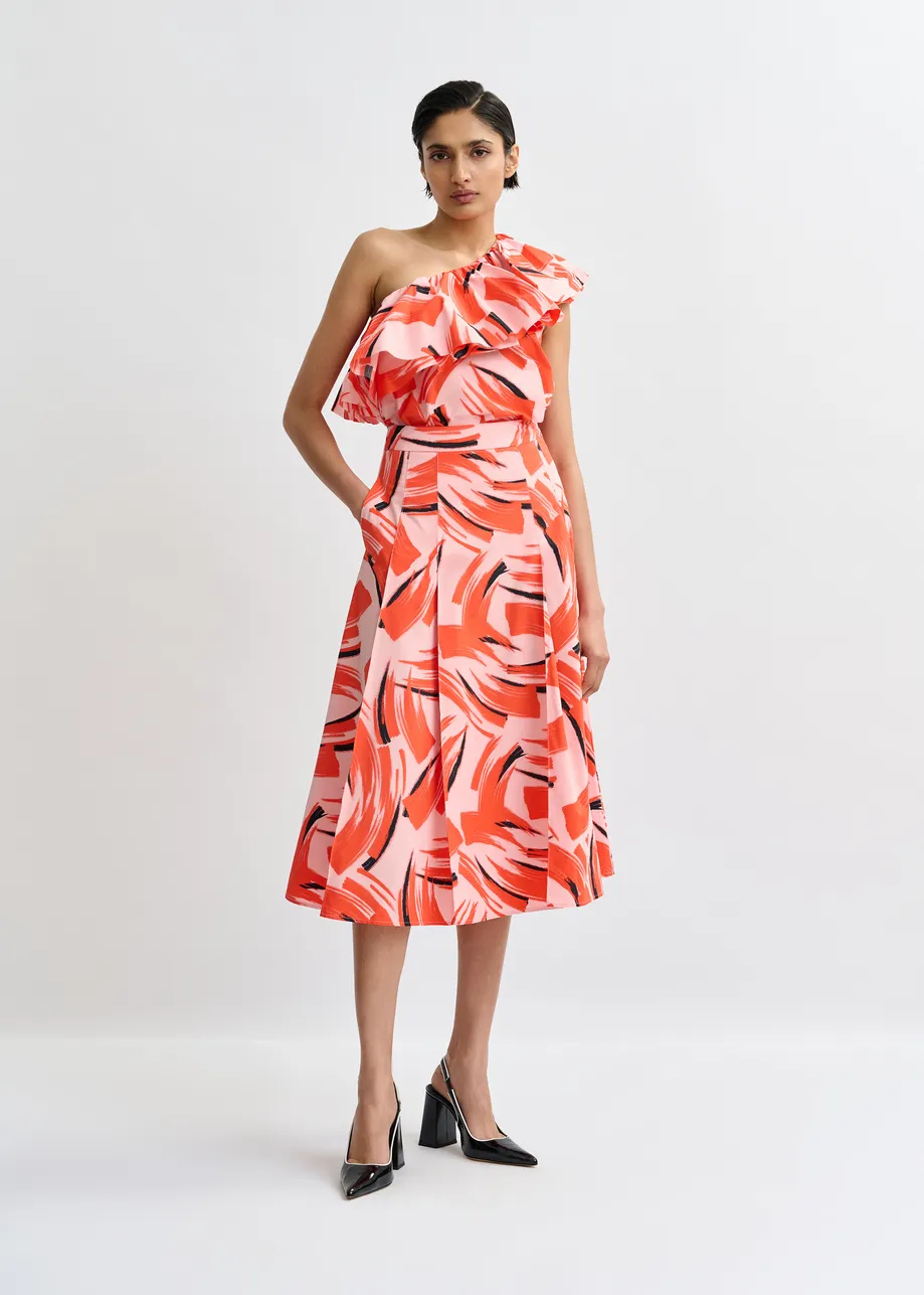 Light pink, orange and black a-line midi skirt